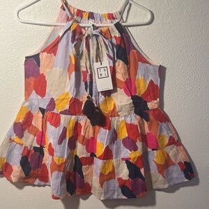 THML Multicolor Floral Halter Tiered Tank — Pink, Yellow, Orange, Purple, Navy